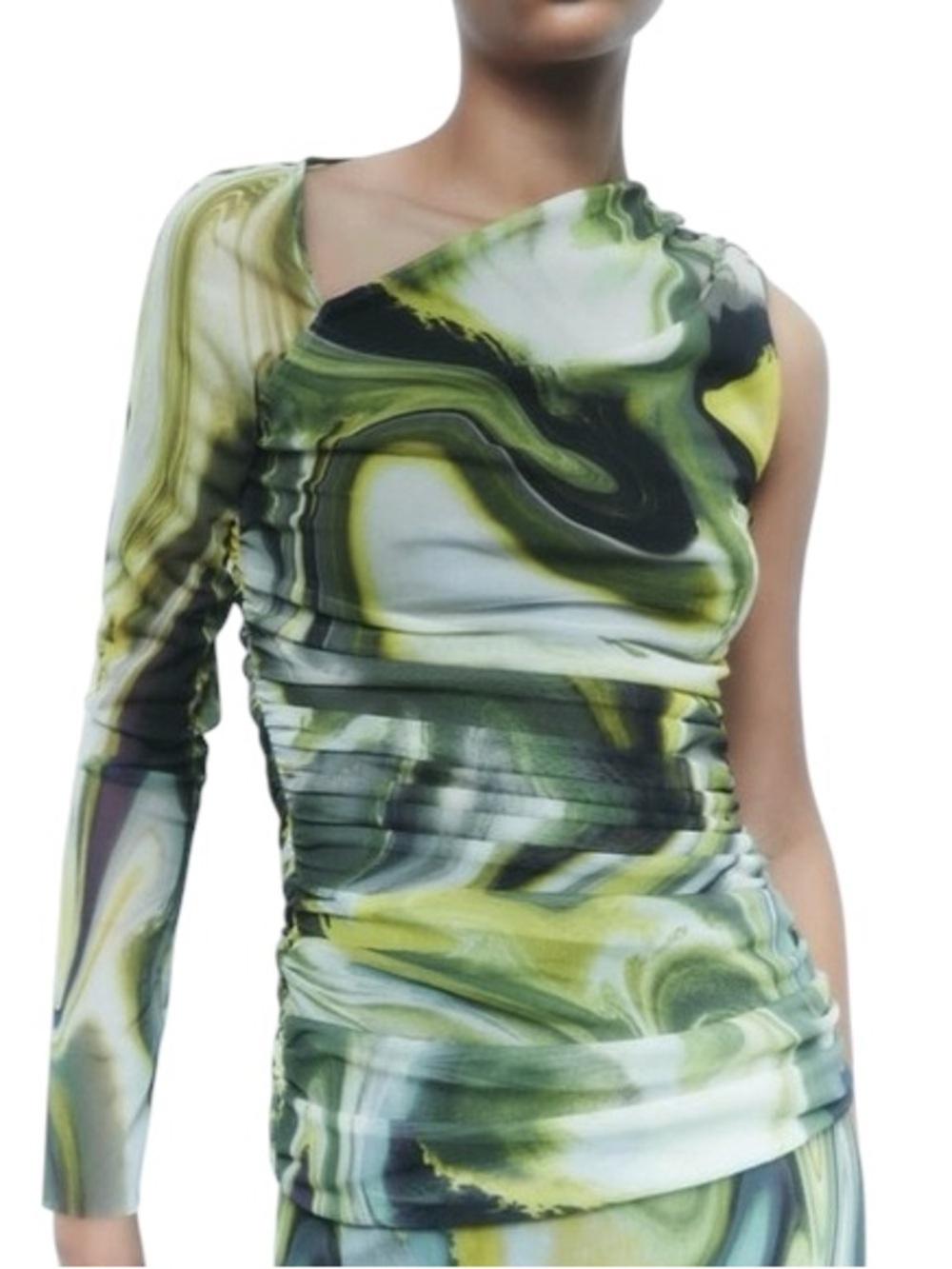 Zara Olive & White Marble One-Shoulder Ruched Dress